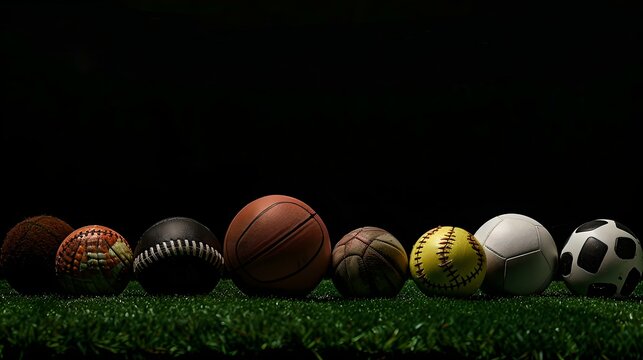 Assorted sports balls on grass at night. close-up, different sports themes. ideal for sports equipment ads. AI
