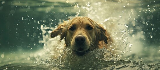 A close-up view of a golden retriever energetically splashing in the water, creating ripples and droplets around it. The dogs fur is wet and glistening under the sunlight as it enjoys the refreshing - Powered by Adobe