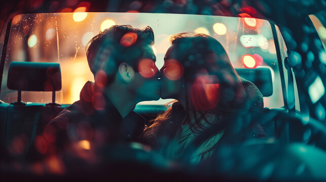 the picture shows a husband and wife kissing in a car, the blurred background of the car window adds to the intimate and romantic atmosphere, Ai generated Images