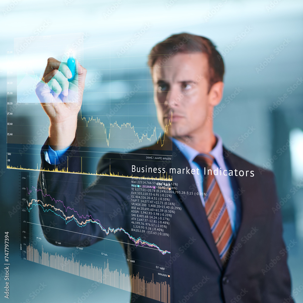 Poster Dashboard, graph and businessman digital on finance with technology for future of data analyst. Male person, serious and working in company for corporate as employee or staff for solving of database