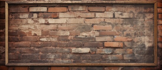 A vintage brown textured brick wall with a picture frame hanging on it. The frame is securely attached to the wall, creating a simple and rustic display.
