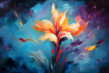 Incredible magical flower. Oil painting in impressionism style. - obrazy, fototapety, plakaty