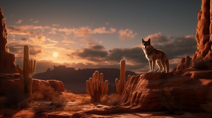Wild Wolf , Cayote on Stone podium on the background of Arizona Desert Cactus Landscapes for Product placement. Generative AI - obrazy, fototapety, plakaty
