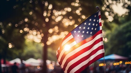 Landscape scene illustrating the USA flag as part of a vibrant Fourth of July celebration.