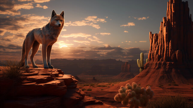 Wild Wolf , Cayote on Stone podium on the background of Arizona Desert Cactus Landscapes for Product placement. Generative AI