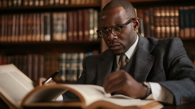Man studying in a classic library. - Powered by Adobe