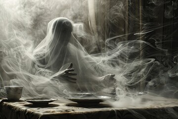 Mystical Veiled Apparition at a Haunted Tea Party - obrazy, fototapety, plakaty