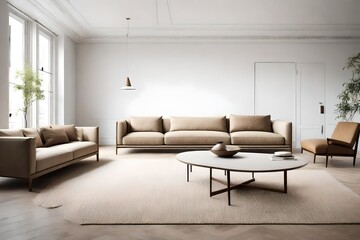 a minimalist interior showcasing sofas in neutral and earthy shades, exemplifying simplicity and elegance to achieve a serene and modern living space.