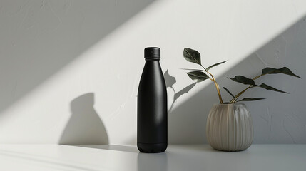 : A matte black water bottle with a minimalistic design, resting on a smooth white surface,...