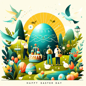 Happy easter holiday lettering banner trendy design Easter day with bunny floral eggs vector style image 