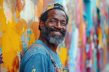 Obraz premium Joyful male artist with a paint-splattered beard against a vibrant mural backdrop.