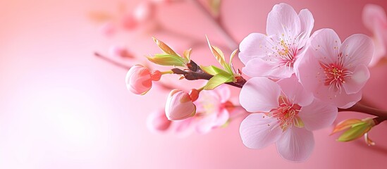 A close-up view of a pink flower blooming on a branch of a fruit tree. The delicate petals and vibrant color stand out against a soft pink gradient background.