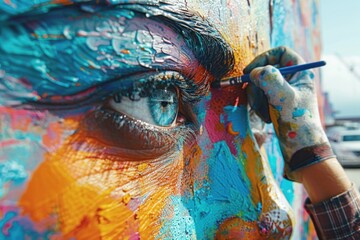 Close-up of an artist's eye, with vivid paint strokes on the skin, holding a brush to a colorful mural.