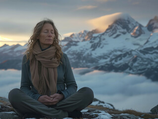 A photo of a serene meditation practitioner, around 50 years old, with closed eyes and a tranquil expression