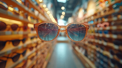 Sunglasses against the background of the windows of the optics store