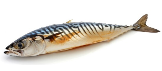 A dead fish is lying on a plain white background. The fish is motionless and shows no signs of life. Its scales and fins are visible in the stark setting.