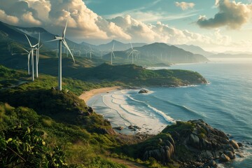A coastal renewable energy landscape, with windmills and solar arrays strategically placed along the shoreline to harness nature's power  - Powered by Adobe