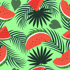 Seamless pattern with hand drawn tropical watermelon and palm leaves on green background.