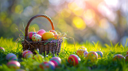 A basket full of easter eggs lying on the grass with a festive easter background, Ai Generated Images