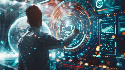 Professional navigating digital transformation journey on a futuristic interface