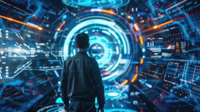 Professional navigating digital transformation journey on a futuristic interface