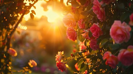 Serenity in bloom as sunset caresses a garden of roses. warm light enveloping nature's beauty. ideal for decor and tranquility themes. AI - obrazy, fototapety, plakaty