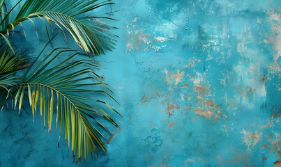 Fototapeta na wymiar palm tree branches against a blue cement wall, Generative AI