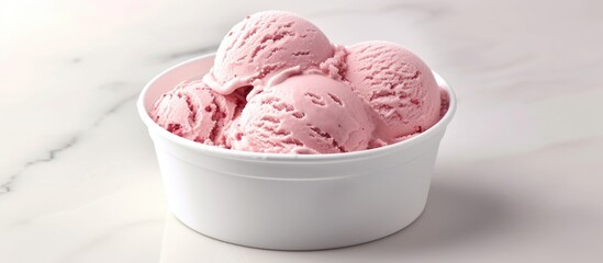 A white bowl is filled with creamy pink ice cream, creating a delightful and tempting treat. The delectable strawberry flavor is visually appealing and promises a sweet sensation.