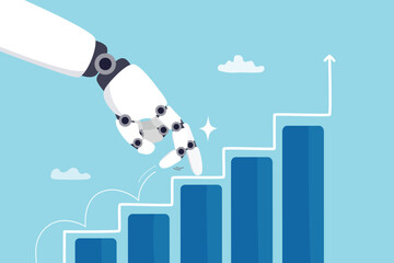 Rise of AI artificial intelligence, innovation technology to develop growth, success or progress, automation or AI for marketing and financial business concept, robot hand walk up growth graph.