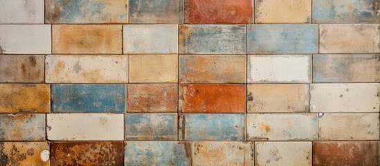 This close-up view captures a tiled wall with a variety of colors blending together. Each tile showcases a different hue, creating a visually appealing pattern across the entire wall.