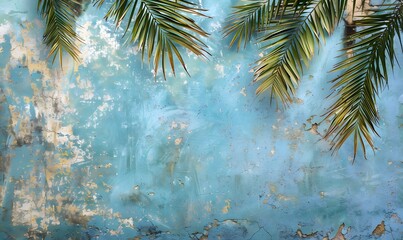 palm tree branches against a blue cement wall, Generative AI