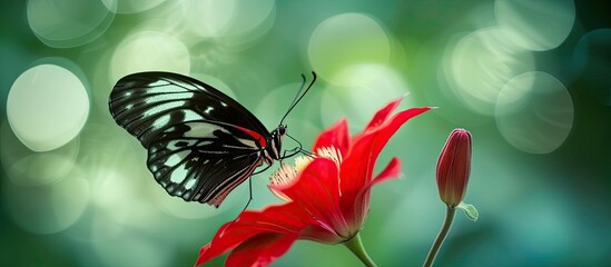 A black and white pierids butterfly is sitting on a vibrant red clematis flower. The butterflys wings are spread open, displaying the intricate patterns. In the background, a lush green bokeh adds