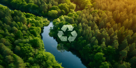aerial view of forest with river and recycle symbol