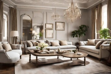 an elegant sitting area with sofas in classic designs and muted colors, achieving a timeless and refined ambiance in the heart of the home.