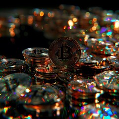 A focused Bitcoin stands out amidst piles of sparkling coins, symbolizing wealth accumulation. The holographic sheen adds a modern twist to the concept of saving and investing. AI Generative