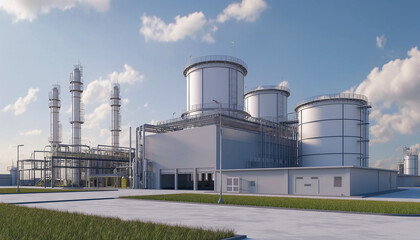 Obraz premium Industrial oil storage tanks and refinery plant amidst steel structures and towering silos