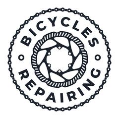 Vector template circular logo emblem bicycle repair. Symbol of cranks with a chain. Isolated on white background.