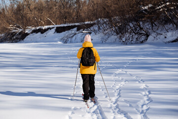 Fototapeta na wymiar Man on skis standing on snow rear view, woman skiing in forest, walking on snowdrifts.