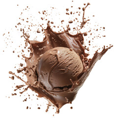 Chocolate Ice cream scoop or ball with splash levitating and flying, isolated on white background. Front view