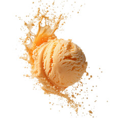 Orange Ice cream scoop or ball with splash levitating and flying, isolated on white background. Front view