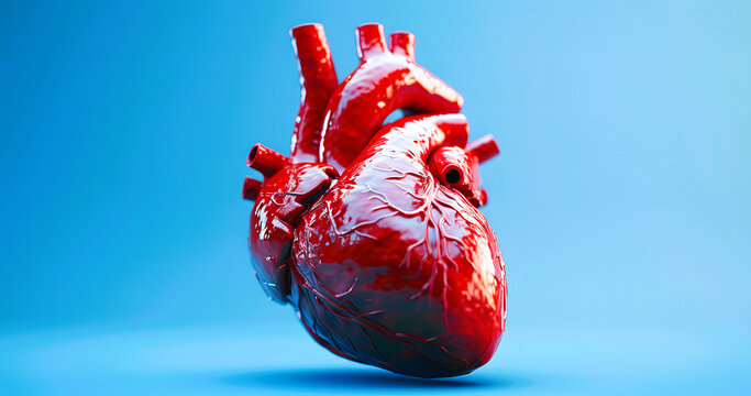 realistic human heart anatomy on blue banner background