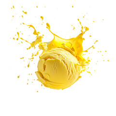 Yellow Ice cream scoop or ball with splash levitating and flying, isolated on white background. Front view