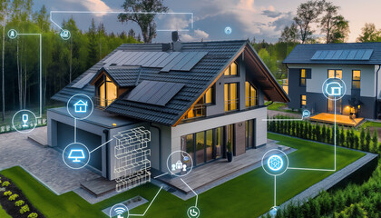 Futuristic smart home with solar panel roof system, smart home safe automation concept with wifi technology