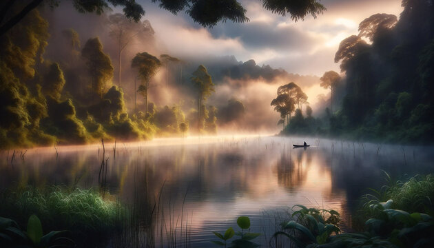 Serene Lake at Dawn with Mist and Canoe, Generative AI