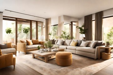 a comfortable family space with a mix of sofas in warm and inviting tones, creating an inviting and harmonious environment for shared moments and relaxation.