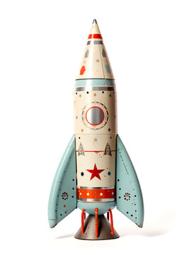 Retro spaceship rocket ship tin toy, vintage colorful rocket spaceship on a white background 