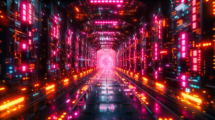 Modern Futuristic Tunnel with Neon Lights, Bright Blue Interior and Digital Design, Science Fiction and Technology Concept, Abstract and Stylish Space