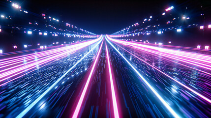 High-Speed Motion on Night Highway, Abstract Light Trails in Dark, Futuristic Transportation and Technology Concept