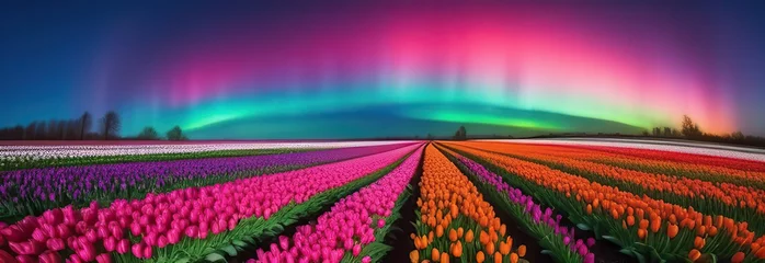 Fototapeten Whirling dance of tulips beneath a surreal, aurora-lit sky © Kseniya Ananko