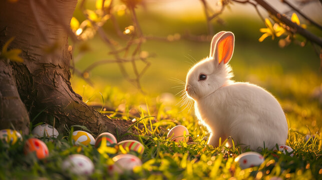 A cute white rabbit is sitting under a shady tree, around it there are colorful Easter eggs scattered on the green grass, Ai generated Images - Powered by Adobe